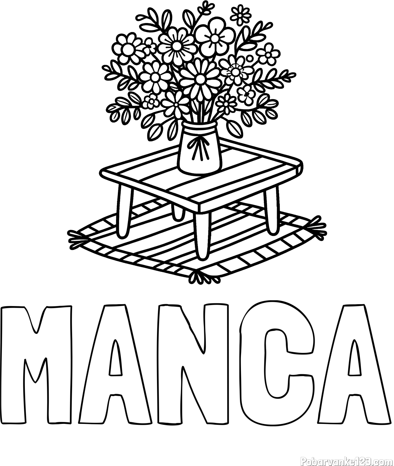 Pobarvanka imena MANCA in pobarvanka šopka rož na mizi