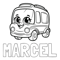 Online izdelana pobarvanka - Pobarvanka imena MARCEL in pobarvanka nasmejanega avtobusa