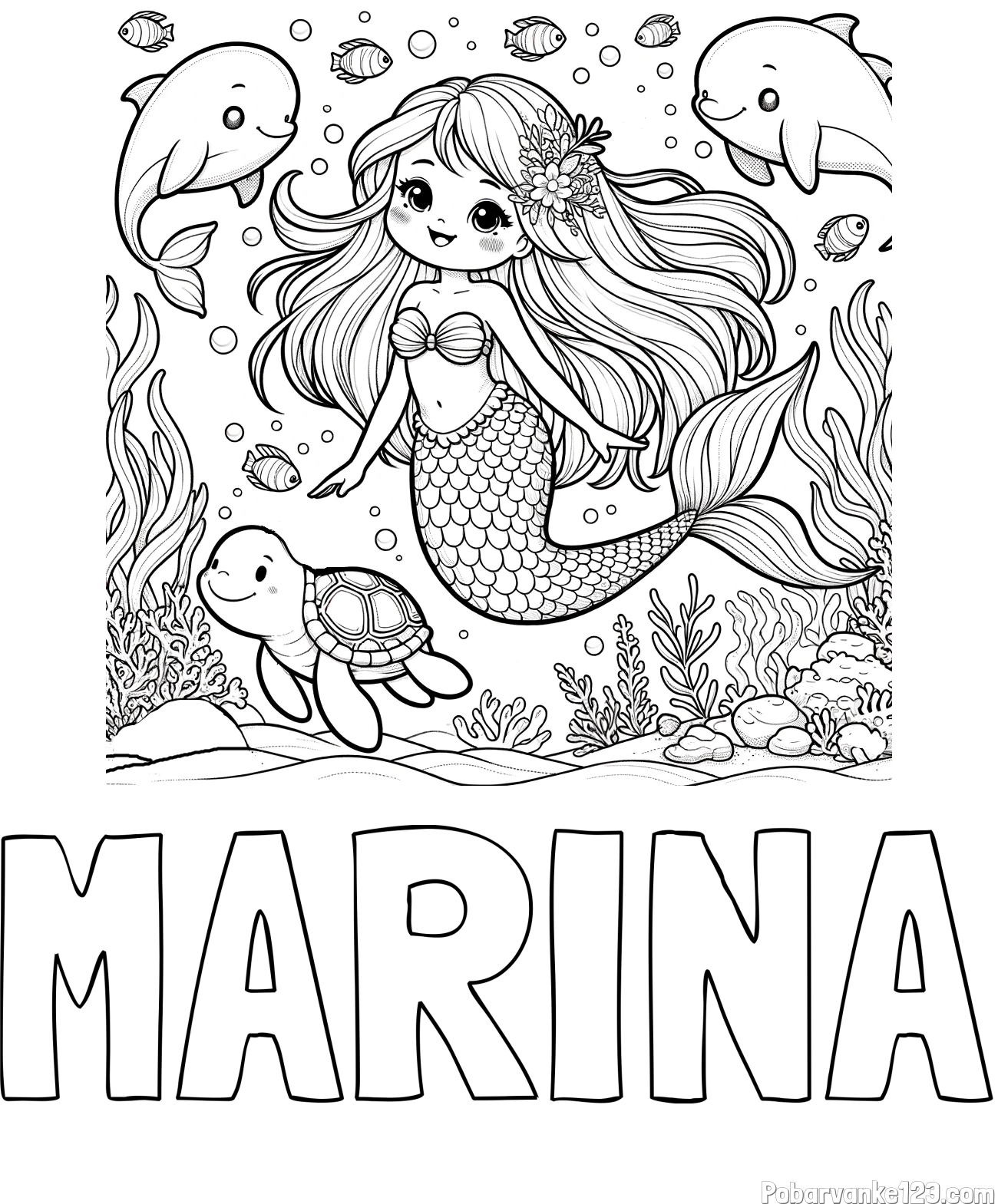 Pobarvanka imena MARINA in pobarvana ljubke morske deklice s prijatelji