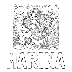 Online izdelana pobarvanka - Pobarvanka imena MARINA in pobarvana ljubke morske deklice s prijatelji