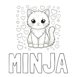 Online izdelana pobarvanka - Pobarvanka imena MINJA in pobarvanka ljubke mucke obdane s srčki