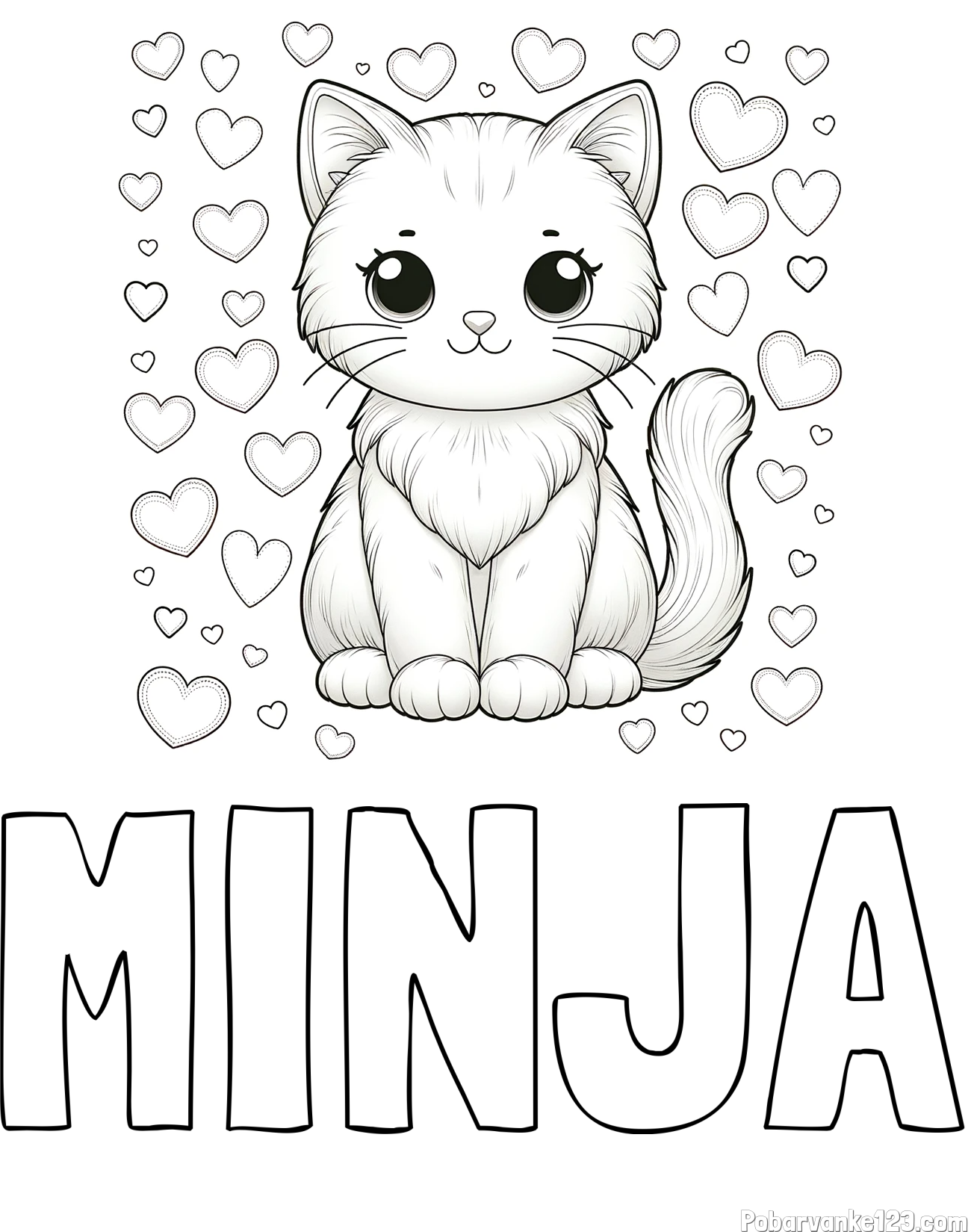 Pobarvanka imena MINJA in pobarvanka ljubke mucke obdane s srčki