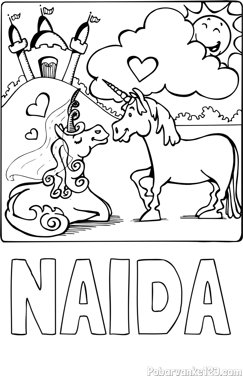 Pobarvanka imena NAIDA in pobarvanka zaljubljenih samorogov