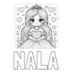 Online izdelana pobarvanka - Pobarvanka imena NALA in pobarvanka ljubke princese obdane s srčki