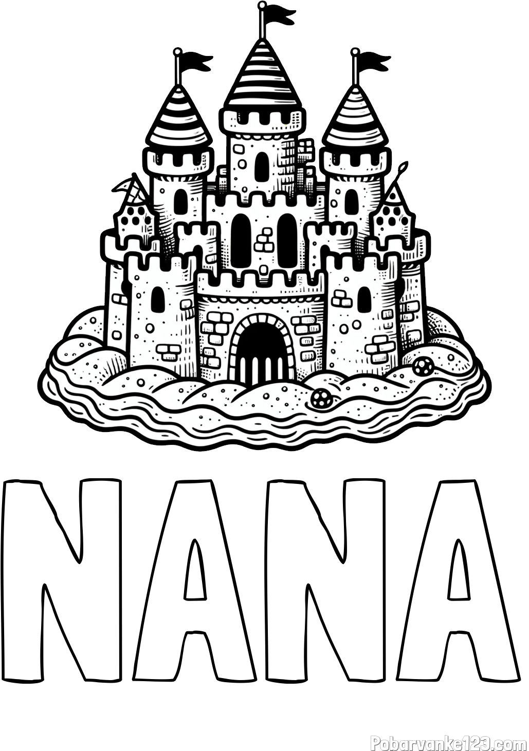 Pobarvanka imena NANA in pobarvanka velikega peščenega gradu