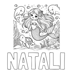 Online izdelana pobarvanka - Pobarvanka imena NATALI in pobarvana ljubke morske deklice s prijatelji