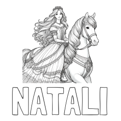 Online izdelana pobarvanka - Pobarvanka imena NATALI in pobarvanka nasmejana princese na konju