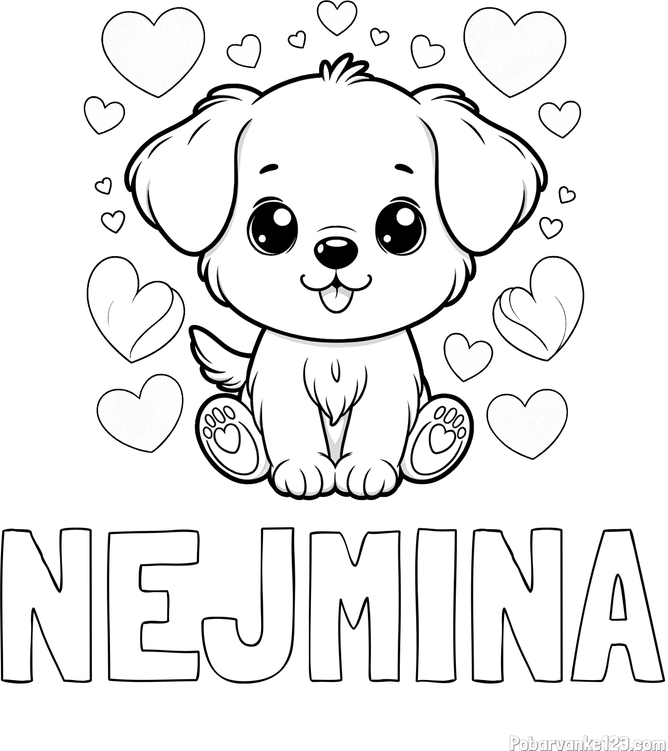 Pobarvanka imena NEJMINA in pobarvanka ljubkega kužka obdanega s srčki