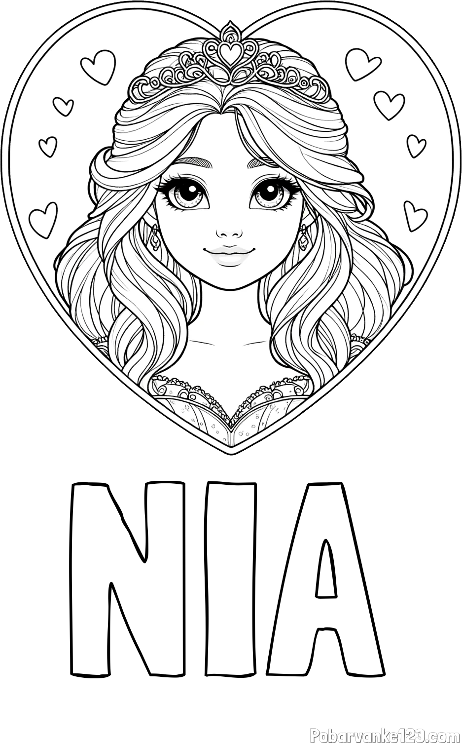 Pobarvanka imena NIA in pobarvanka princeske ter srčkov