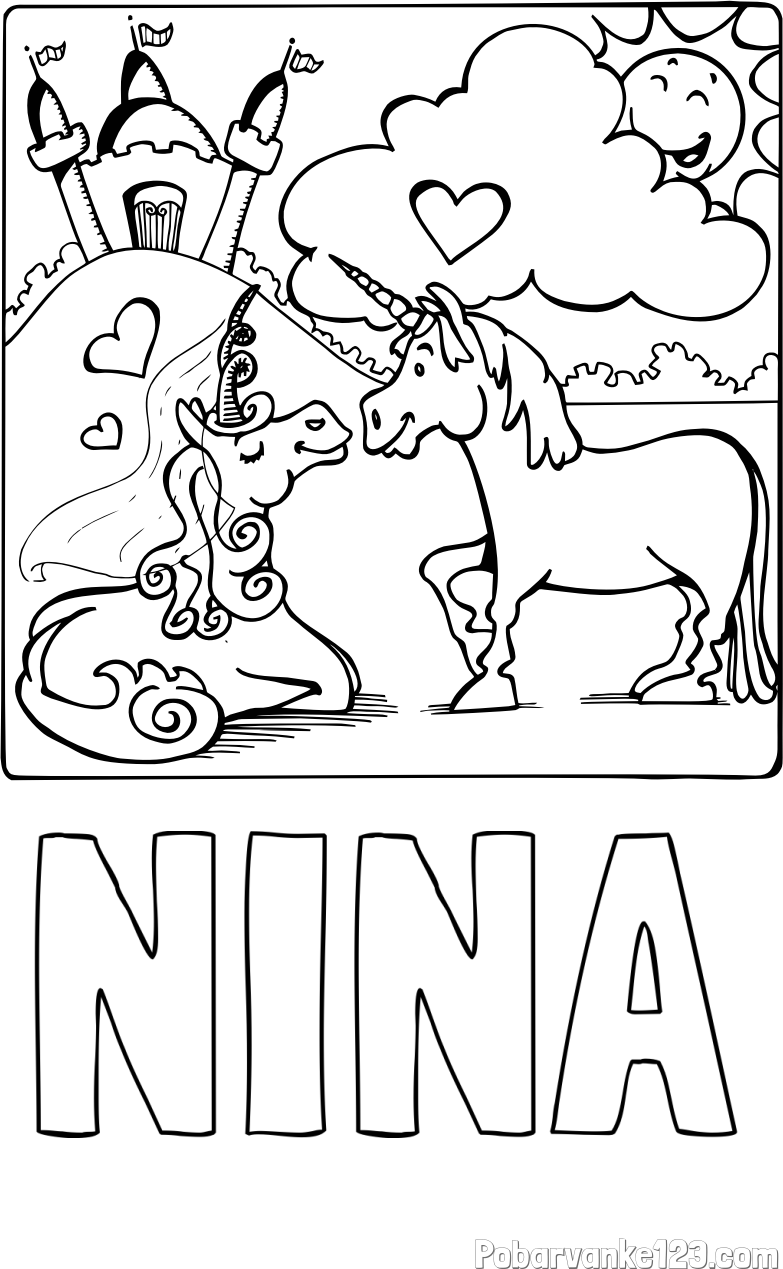 Pobarvanka imena NINA in pobarvanka zaljubljenih samorogov