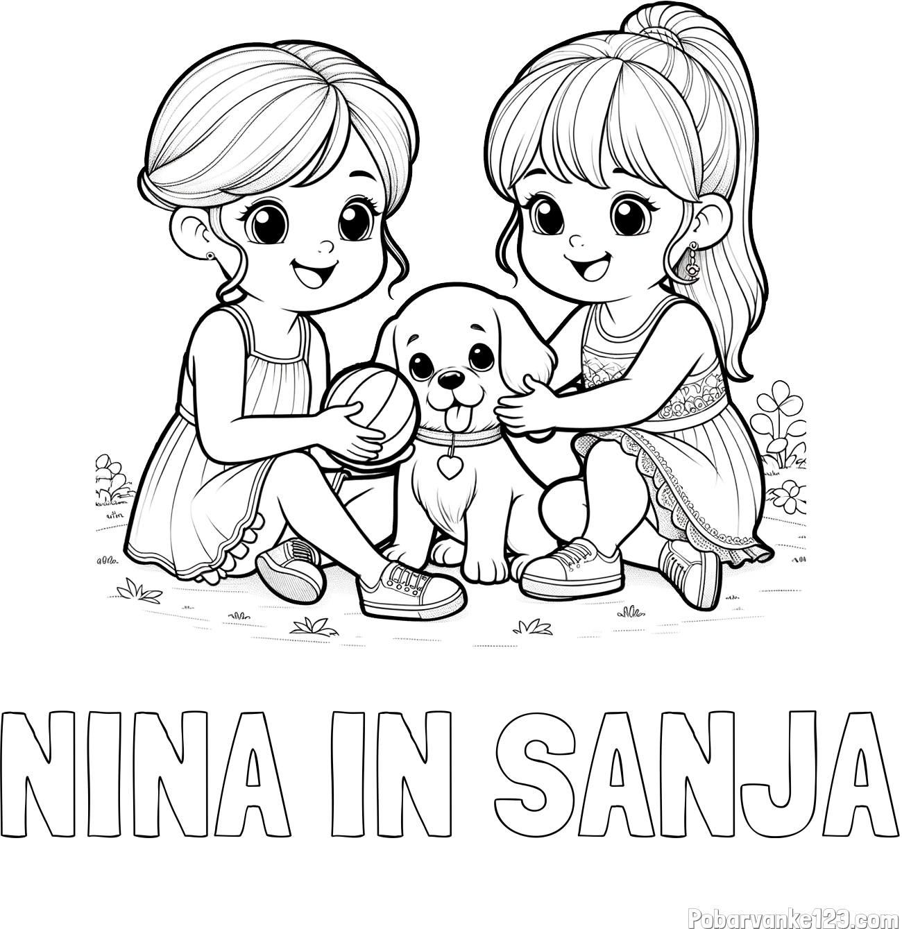 Pobarvanka imena NINA IN SANJA in pobarvanka prijateljic s kužkom