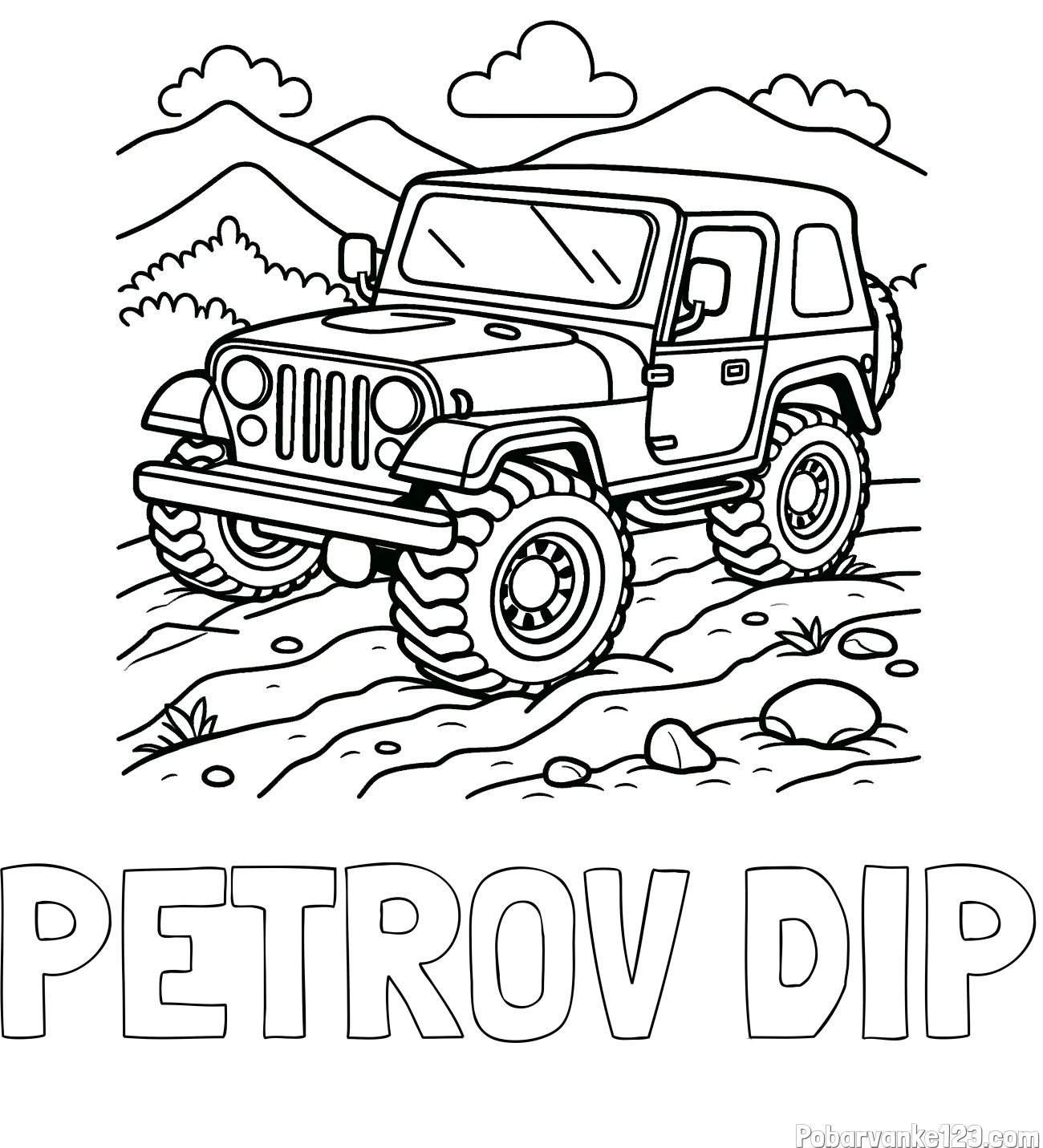 Pobarvanka imena PETROV ĐIP in pobarvanka džipa na terenu