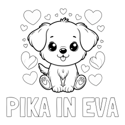 Online izdelana pobarvanka - Pobarvanka imena PIKA IN EVA in pobarvanka ljubkega kužka obdanega s srčki
