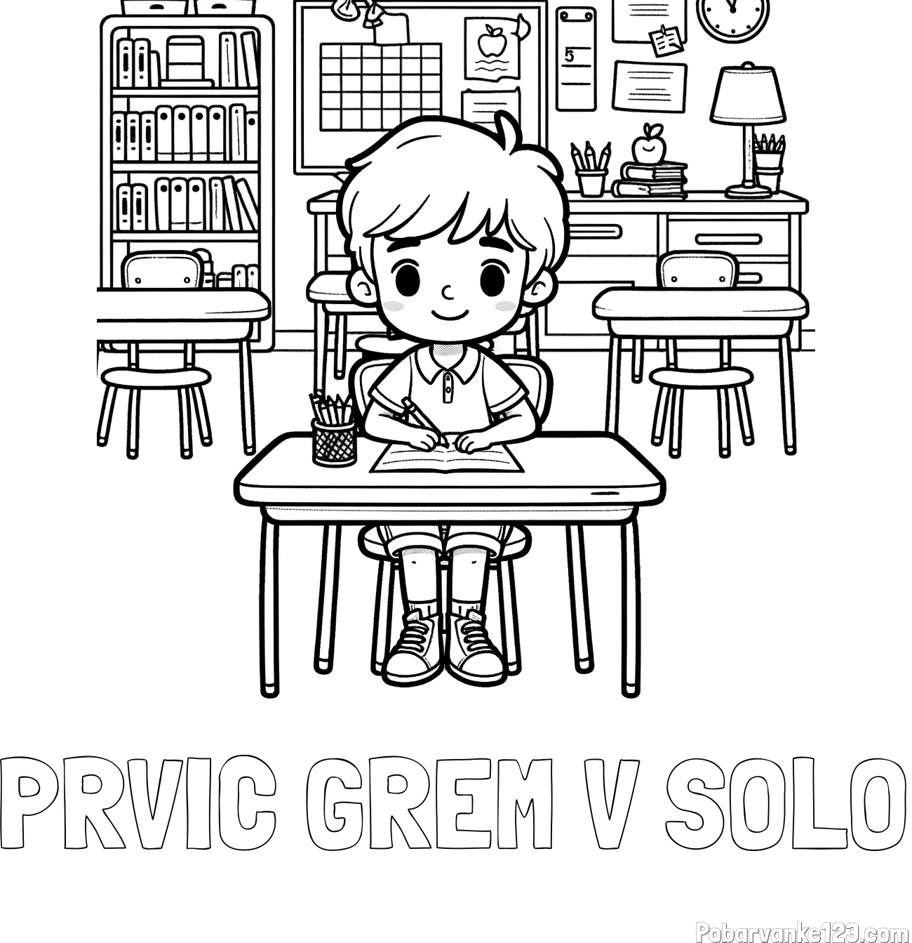 Pobarvanka imena PRVIČ GREM V ŠOLO in pobarvanka učenca v učilnici