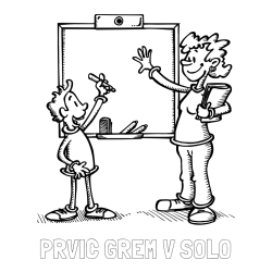 Online izdelana pobarvanka - Pobarvanka imena PRVIČ GREM V ŠOLO in pobarvanka učiteljice in učenca pred tablo
