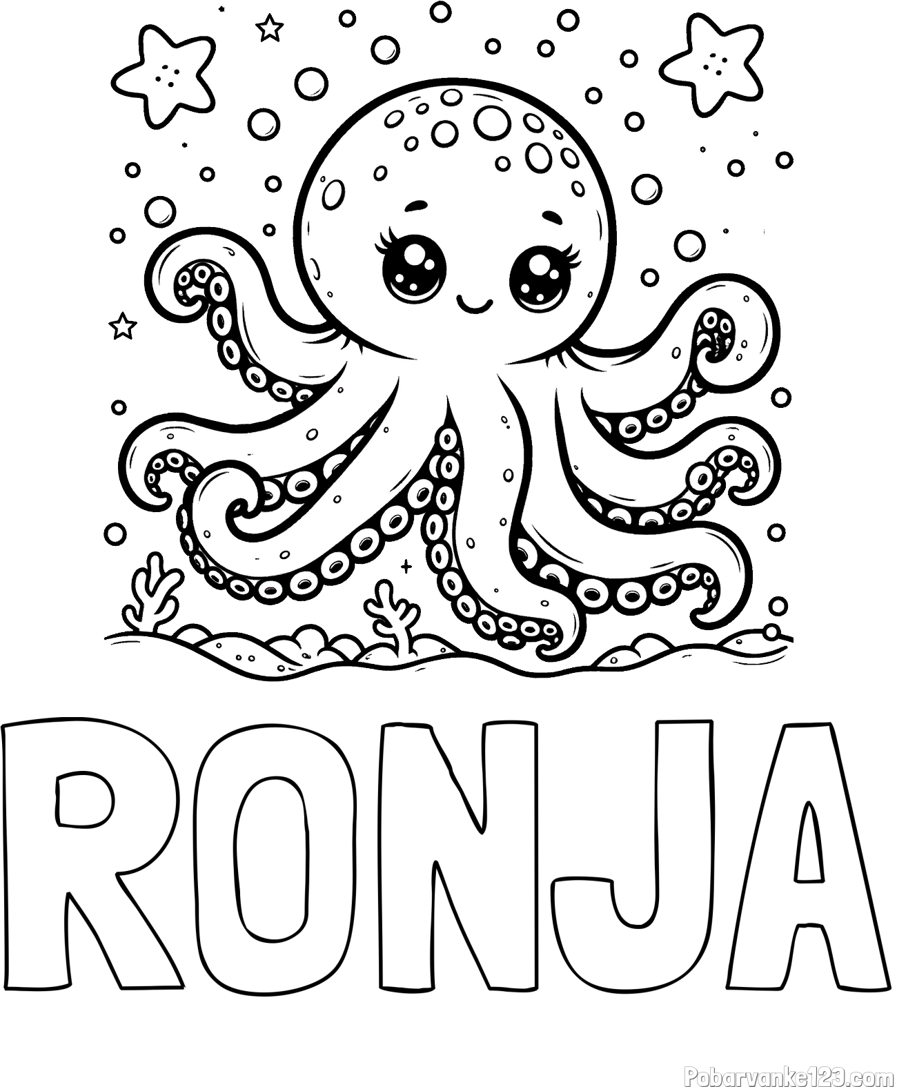 Pobarvanka imena RONJA in pobarvanka hobotnice v morju obdane z morskimi zvezdami