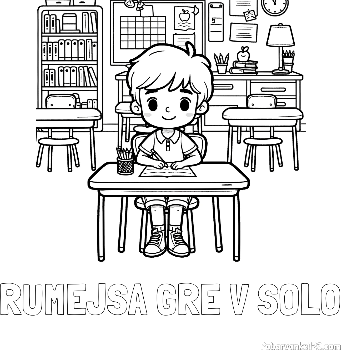 Pobarvanka imena RUMEJSA GRE V ŠOLO in pobarvanka učenca v učilnici