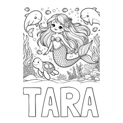 Online izdelana pobarvanka - Pobarvanka imena TARA in pobarvana ljubke morske deklice s prijatelji