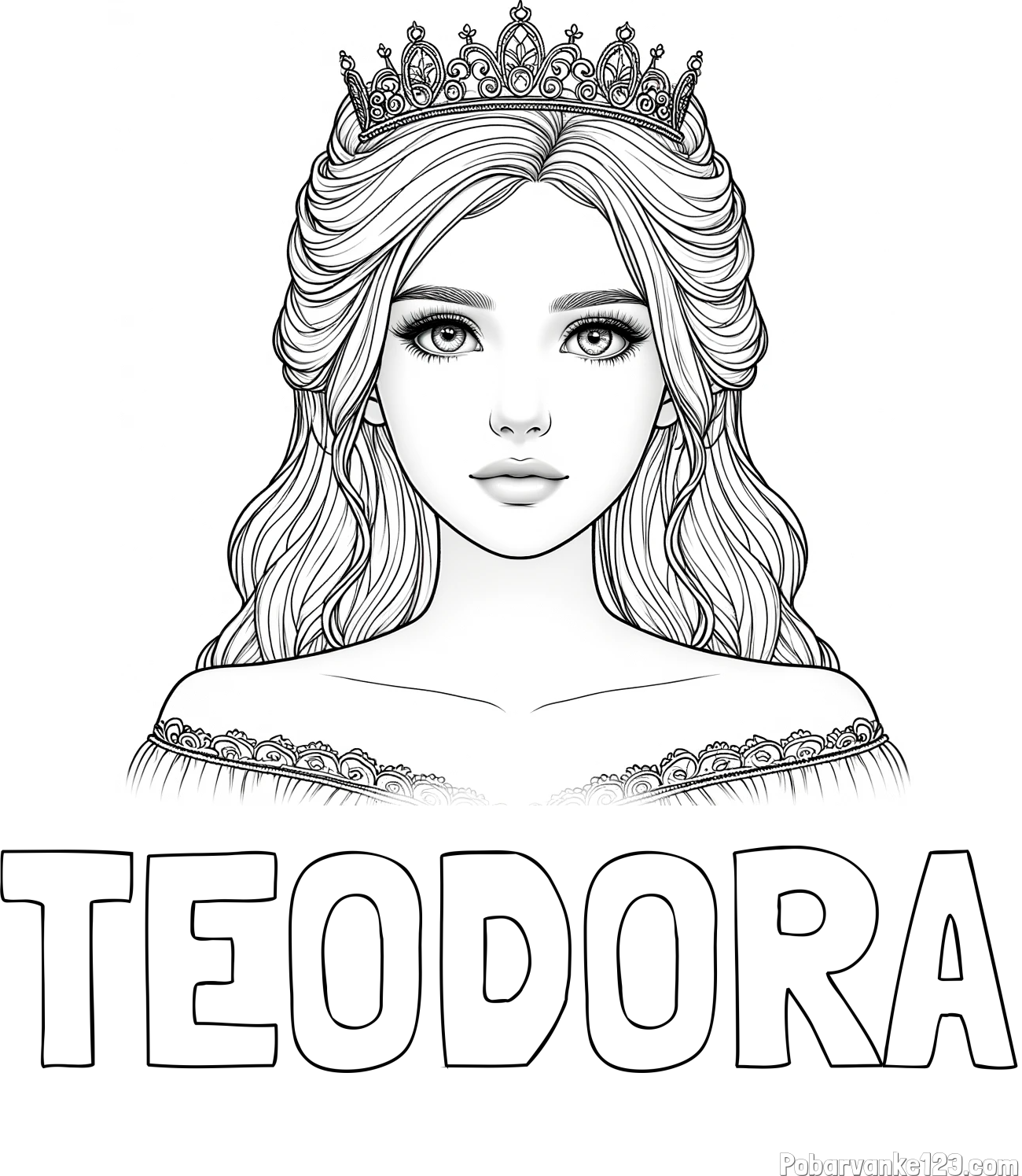Pobarvanka imena TEODORA in pobarvanka prikupne princeske s čudovitimi očmi