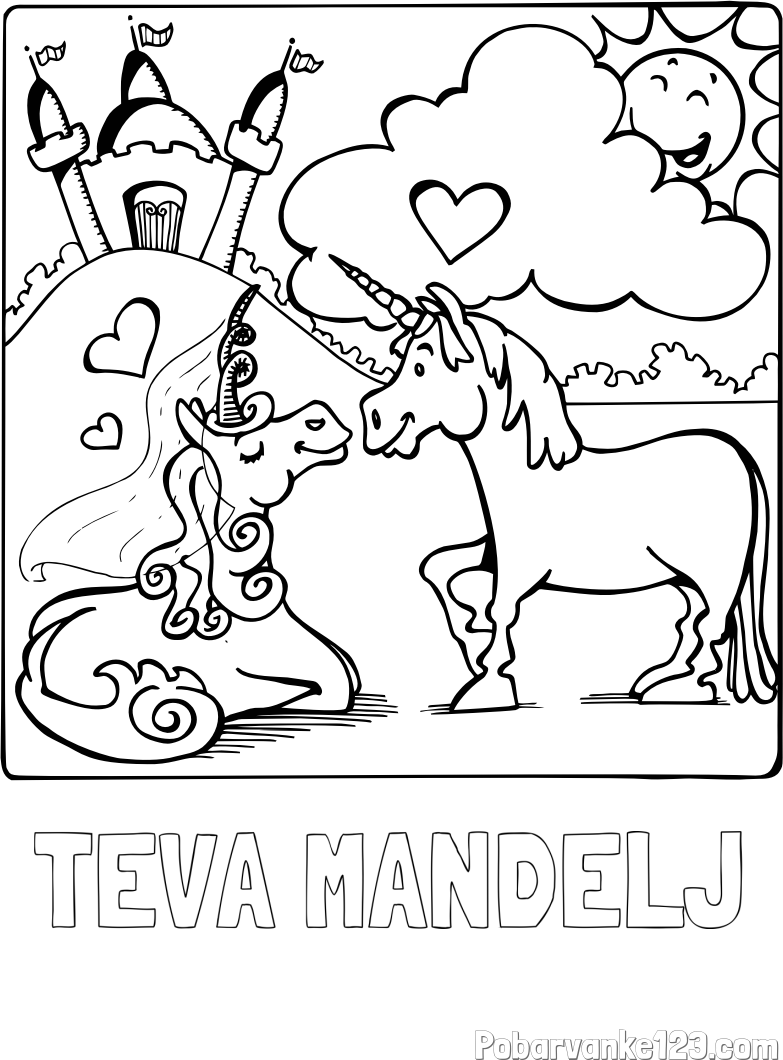 Pobarvanka imena TEVA MANDELJ in pobarvanka zaljubljenih samorogov