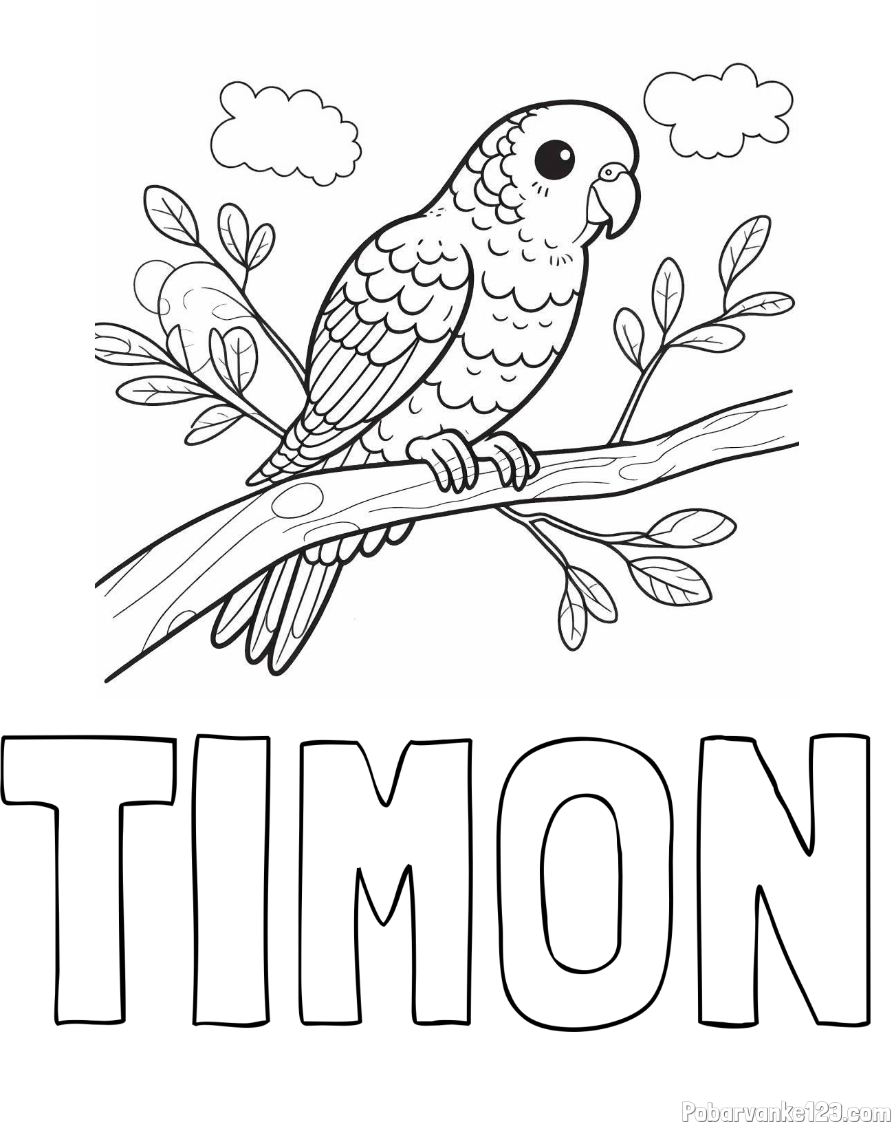 Pobarvanka imena TIMON in pobarvanka ljubkega kanarčka na veji