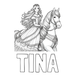 Online izdelana pobarvanka - Pobarvanka imena TINA in pobarvanka nasmejana princese na konju