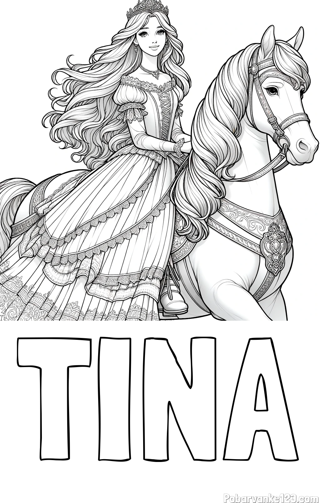Pobarvanka imena TINA in pobarvanka nasmejana princese na konju