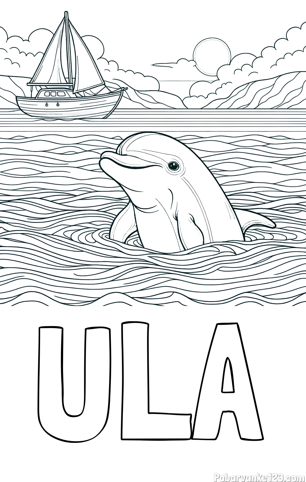 Pobarvanka imena ULA in pobarvanka delfina v morju ter jadrnice