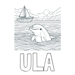Online izdelana pobarvanka - Pobarvanka imena ULA in pobarvanka delfina v morju ter jadrnice