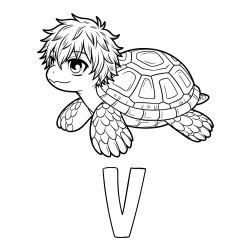 Online izdelana pobarvanka - Pobarvanka imena V in pobarvanka želve v stilu anime