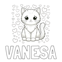 Online izdelana pobarvanka - Pobarvanka imena VANESA in pobarvanka ljubke mucke obdane s srčki