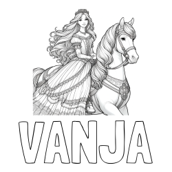 Online izdelana pobarvanka - Pobarvanka imena VANJA in pobarvanka nasmejana princese na konju