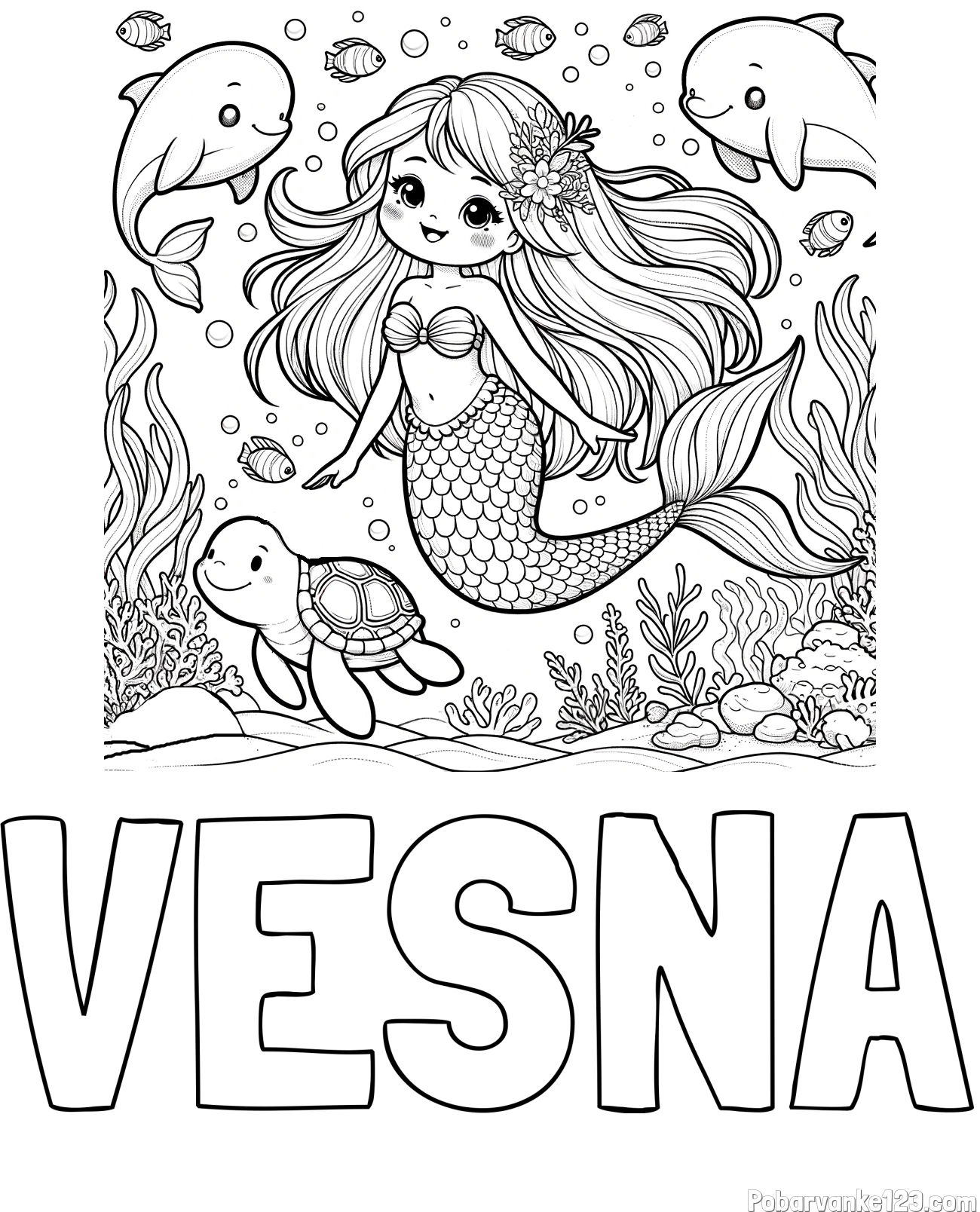 Pobarvanka imena VESNA in pobarvana ljubke morske deklice s prijatelji