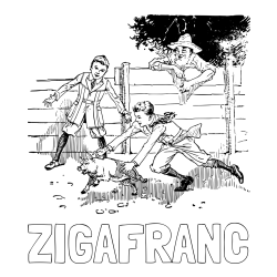 Online izdelana pobarvanka - Pobarvanka imena ŽIGA-FRANC in pobarvanka dveh dečkov, ki lovita majhnega prašička