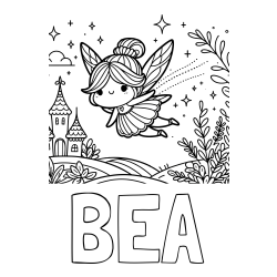 Online izdelana pobarvanka - Pobarvanka imena BEA in pobarvanka čarobne vile, ki leti nad pravljično pokrajino