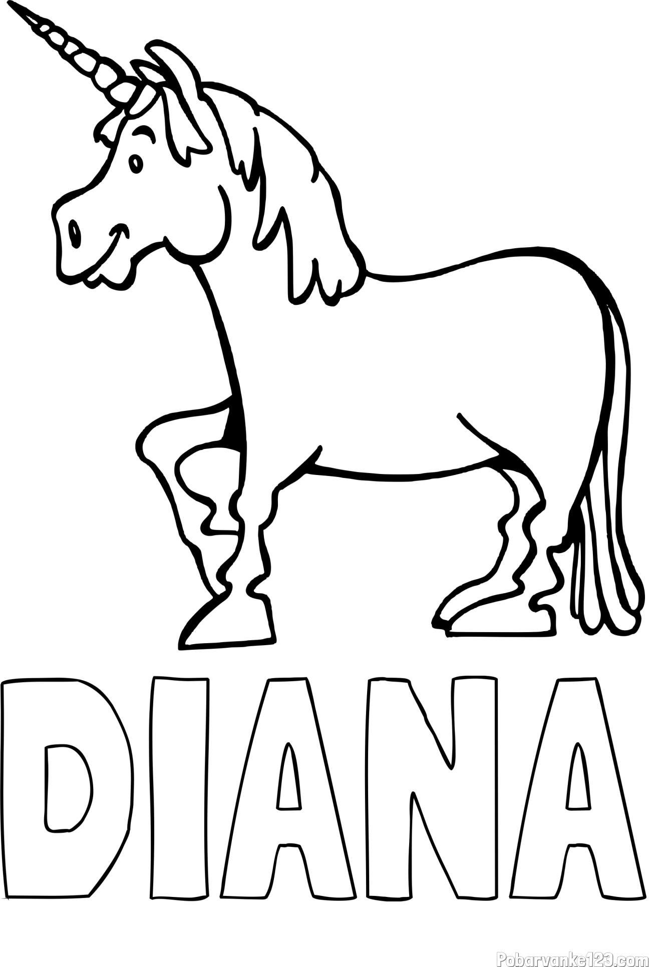 Pobarvanka imena DIANA in pobarvanka veselega samoroga
