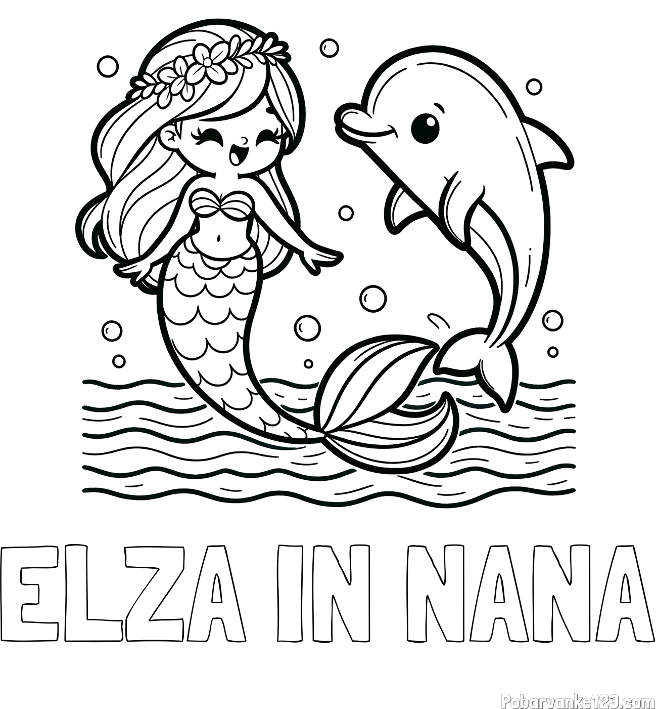 Pobarvanka imena ELZA IN NANA in pobarvanka ljubke morske deklice, ki pleše z delfinom