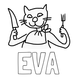 Online izdelana pobarvanka - Pobarvanka imena EVA in pobarvanka mačke pri kosilu