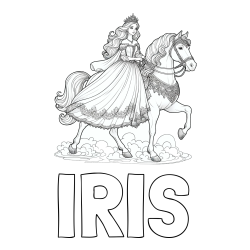 Online izdelana pobarvanka - Pobarvanka imena IRIS in pobarvanka princese na konju