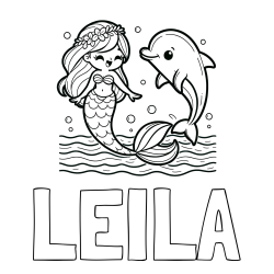 Online izdelana pobarvanka - Pobarvanka imena LEILA in pobarvanka ljubke morske deklice, ki pleše z delfinom