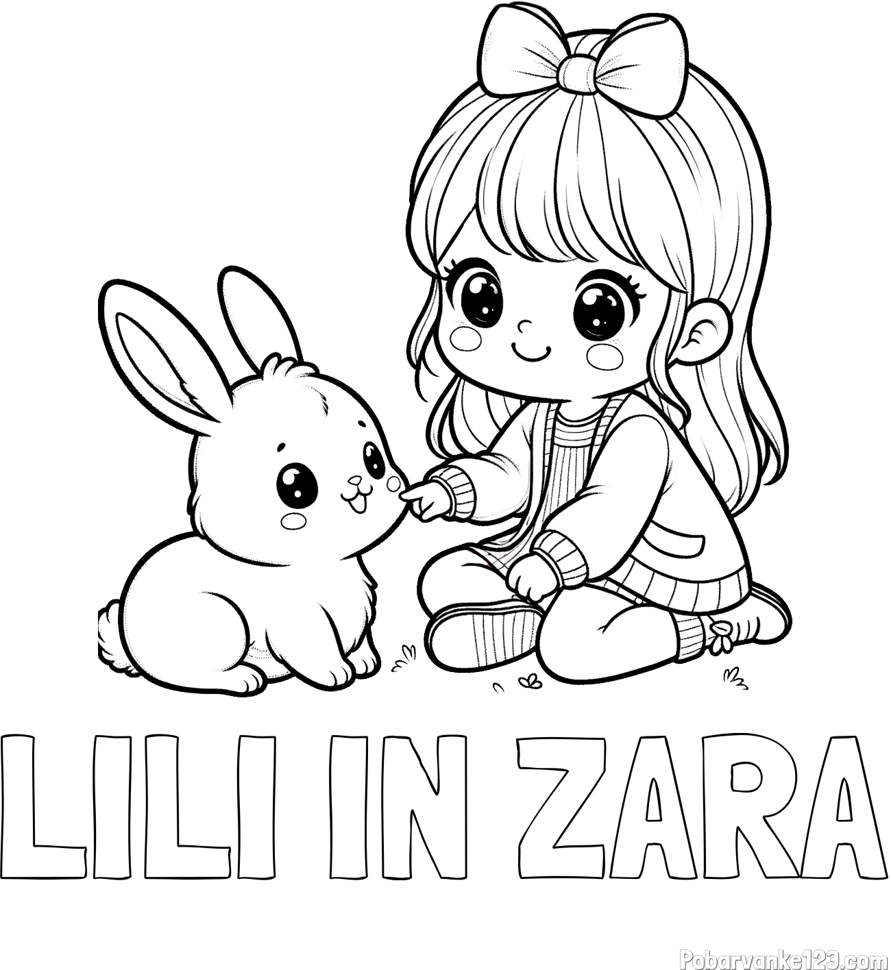 Pobarvanka imena LILI IN ZARA in pobarvanka ljubke punčke, ki se igra z zajčkom