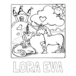 Online izdelana pobarvanka - Pobarvanka imena LORA EVA in pobarvanka zaljubljenih samorogov