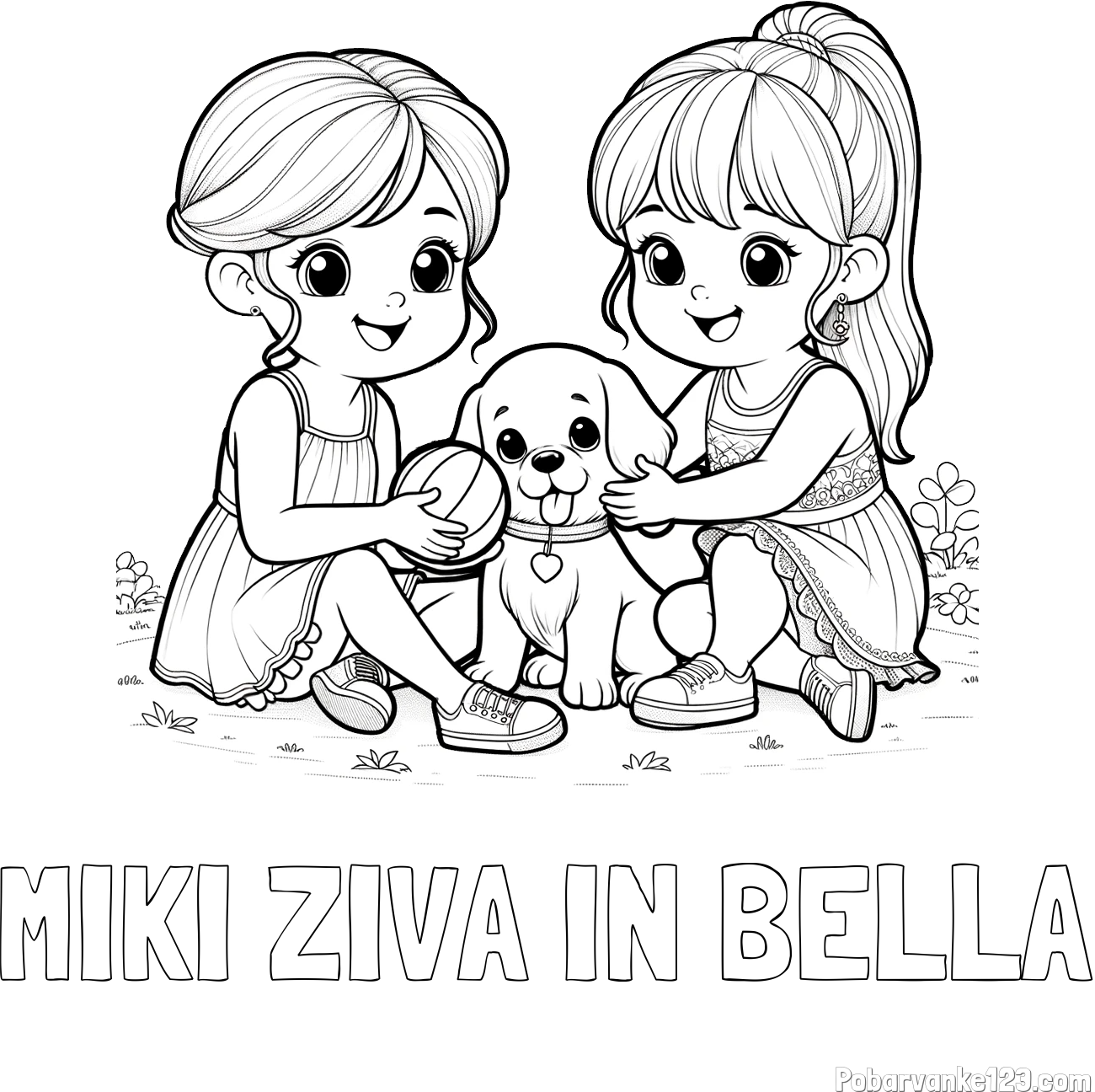 Pobarvanka imena MIKI ŽIVA IN BELLA in pobarvanka prijateljic s kužkom
