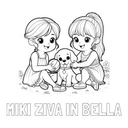 Online izdelana pobarvanka - Pobarvanka imena MIKI ŽIVA IN BELLA in pobarvanka prijateljic s kužkom