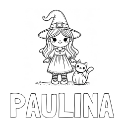 Online izdelana pobarvanka - Pobarvanka imena PAULINA in Čudovita pobarvanka ljubke čarovnice in nasmejane mačke