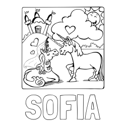 Online izdelana pobarvanka - Pobarvanka imena SOFIA in pobarvanka zaljubljenih samorogov