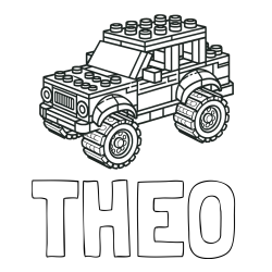 Online izdelana pobarvanka - Pobarvanka imena THEO in pobarvanka džipa sestavljenega iz LEGO kock
