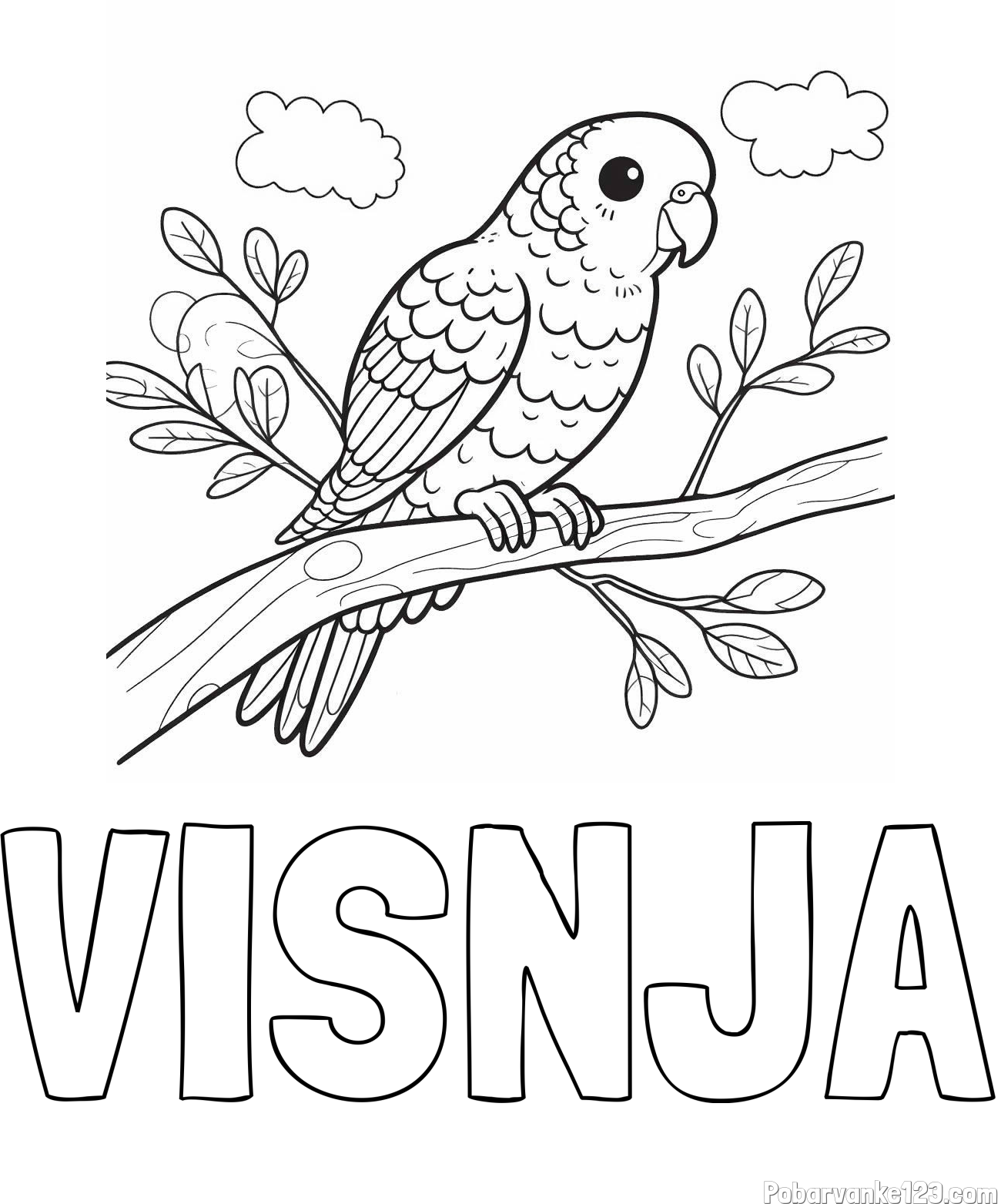 Pobarvanka imena VIŠNJA in pobarvanka ljubkega kanarčka na veji