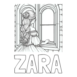 Online izdelana pobarvanka - Pobarvanka imena ZARA in pobarvanka princese, ki gleda skozi okno