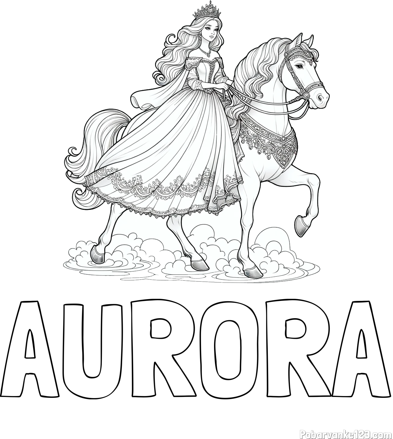 Pobarvanka imena AURORA in pobarvanka princese na konju